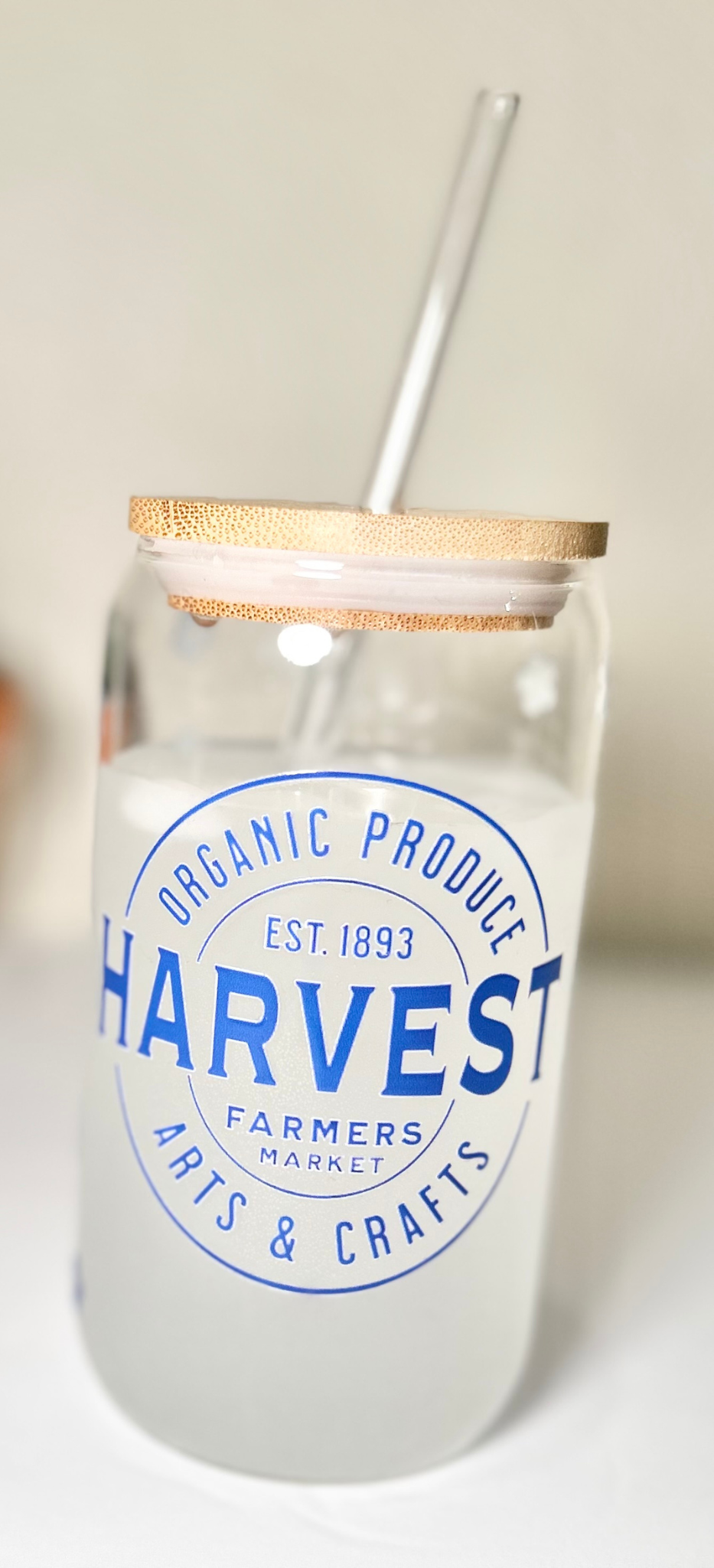 "Harvest Farmers Market" Blue Glass Can (Front View)