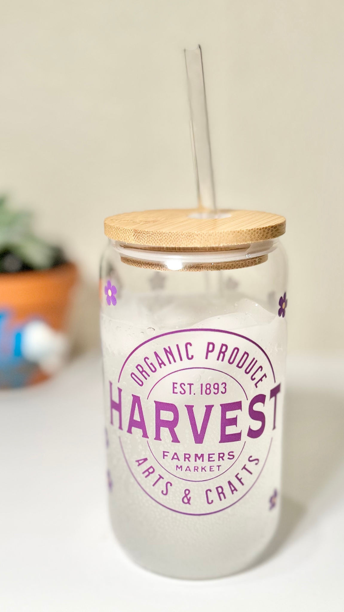 "Harvest Farmers Market" Purple Glass Can (Front View)