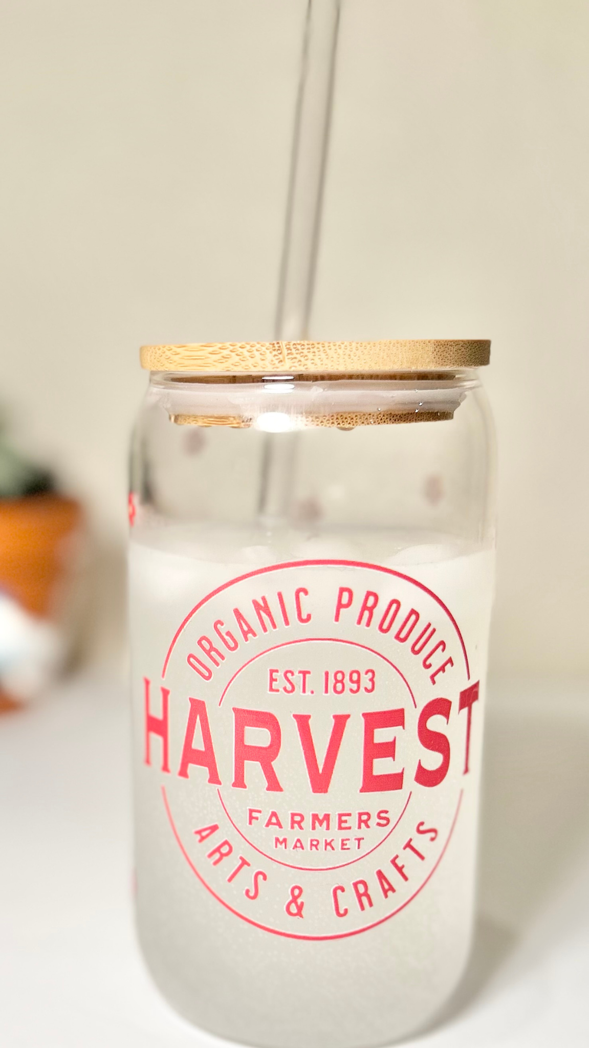 "Harvest Farmers Market" Red Glass Can (Front View)